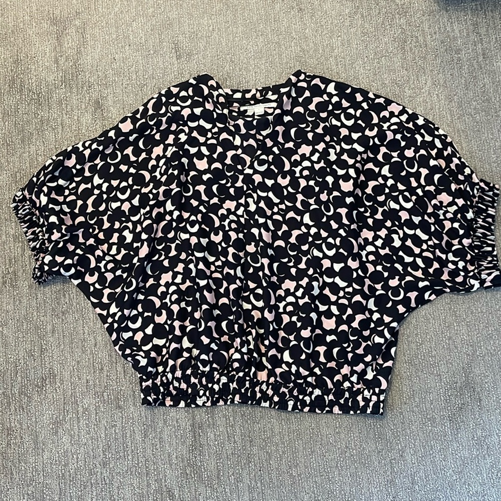 DVF silk navy v-neck with pink and white accent colors